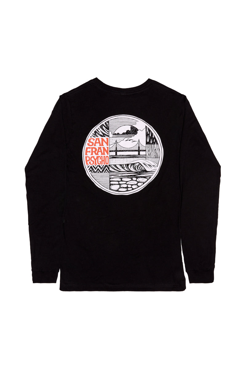 The Elemental Long Sleeve features a round Erik Abel San Francisco graphic and bold “San Franpsycho” text on the back.