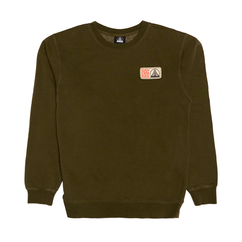 The Elemental Crewneck is an olive green San Francisco sweatshirt featuring two small embroidered patches on the left chest, made from 100% cotton and displayed on a white background.