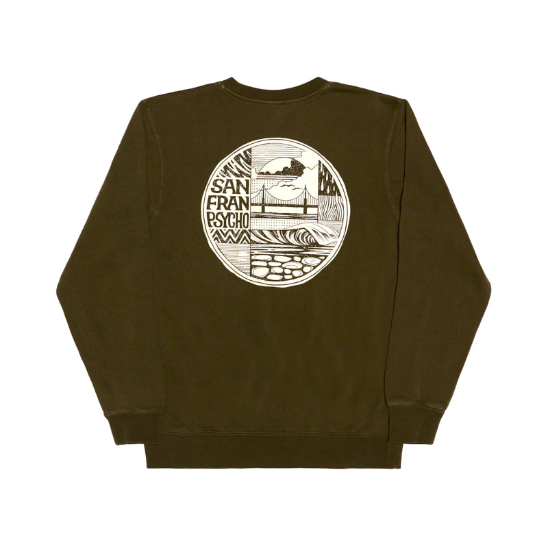 The Elemental Crewneck is an olive green, 100% cotton sweatshirt featuring a round black-and-white graphic of San Francisco landmarks on the back for all-day comfort.