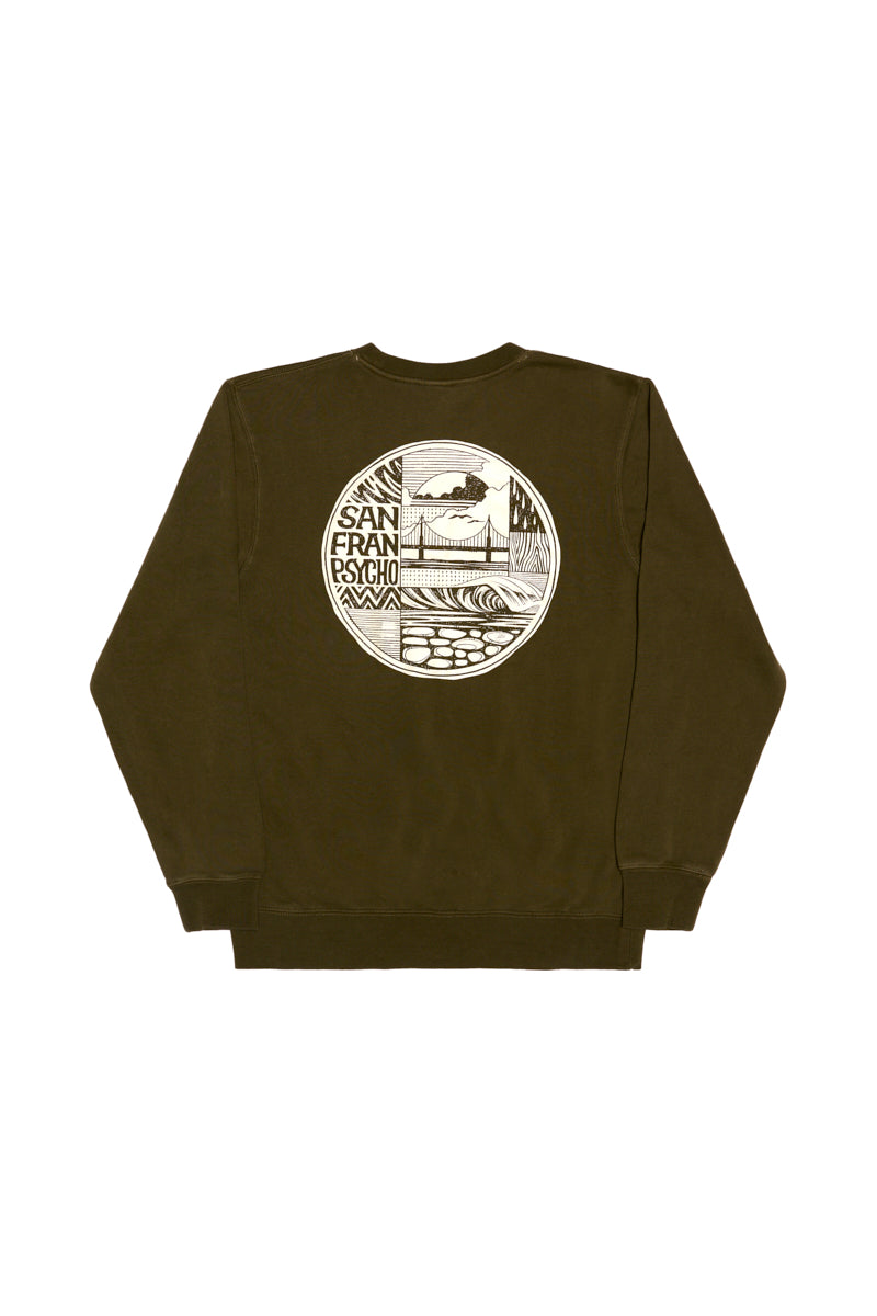 The Elemental Crewneck is an olive green, 100% cotton sweatshirt featuring a round black-and-white graphic of San Francisco landmarks on the back for all-day comfort.