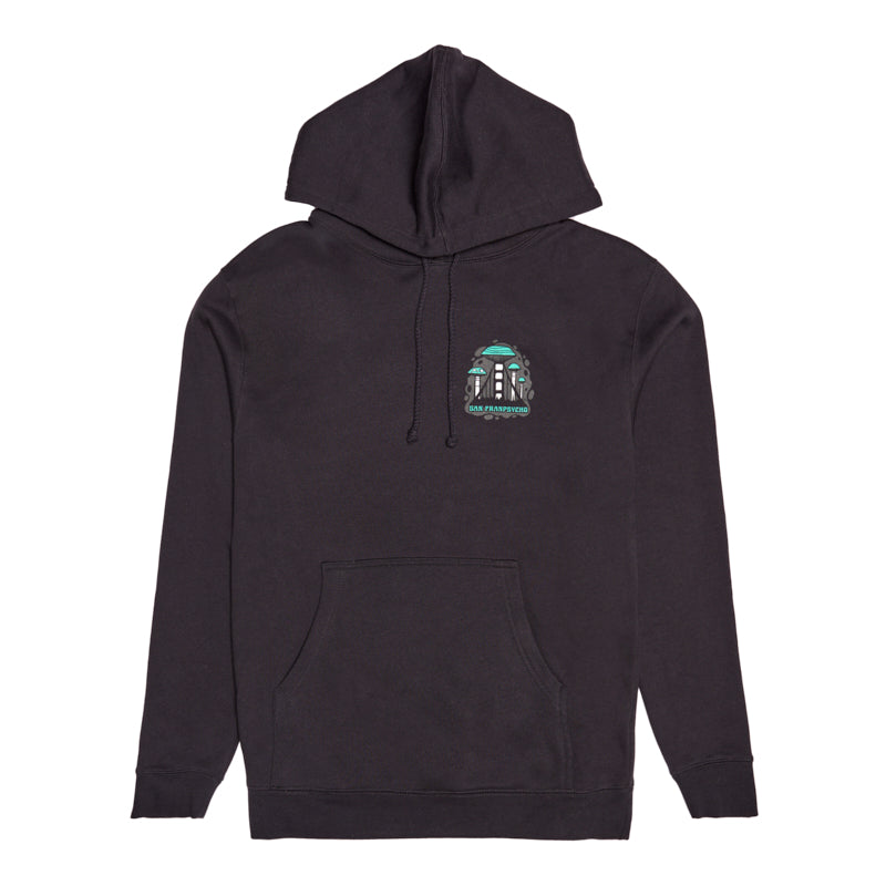 The Mind Bloom Pullover Hoodie is a black hoodie with a small, colorful mushroom graphic on the left chest, designed by Erik Abel, shown on a white background.