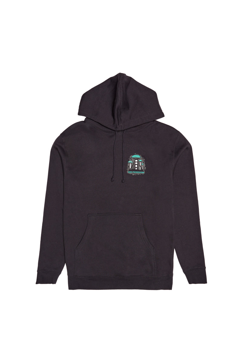 The Mind Bloom Pullover Hoodie is a black hoodie with a small, colorful mushroom graphic on the left chest, designed by Erik Abel, shown on a white background.