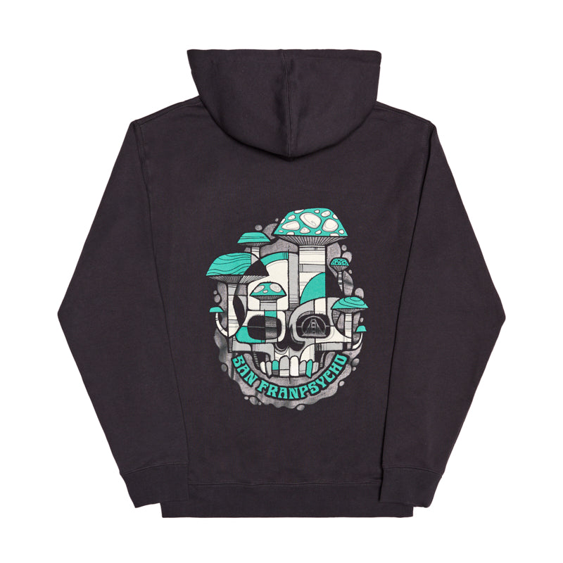 The Mind Bloom Pullover Hoodie is a black skull hoodie with a bold mushroom graphic inspired by Erik Abel and “Stay Transcend” text on the back.