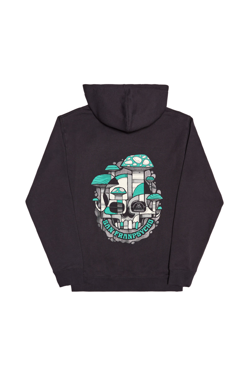 The Mind Bloom Pullover Hoodie is a black skull hoodie with a bold mushroom graphic inspired by Erik Abel and “Stay Transcend” text on the back.