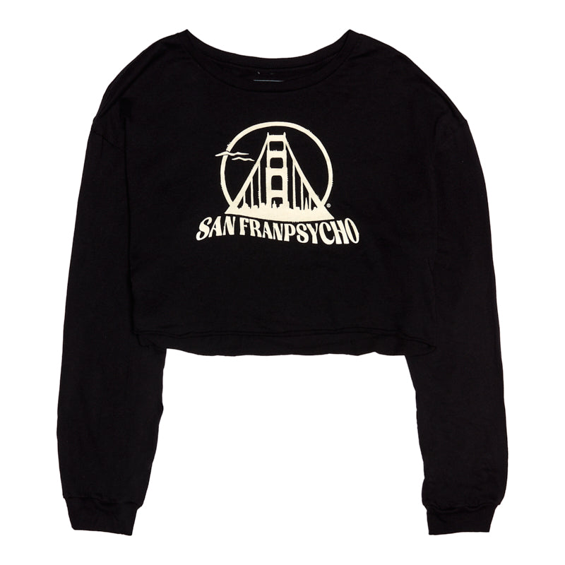 Women's Gull Logo Cropped Long Sleeve: black cropped tee with coastal vibes, featuring a hand-printed San Franpsycho Gull logo and Golden Gate Bridge graphic on the front.