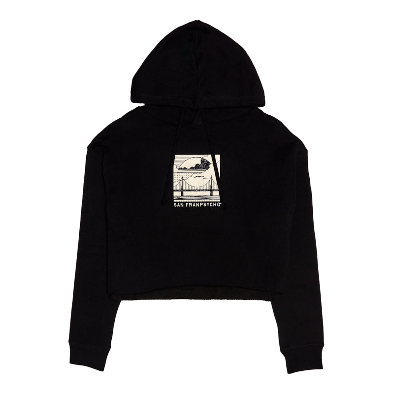 The Elemental Crop Hoodie features a hand-printed mountain graphic patch with San Franpsycho text on the chest—a unique San Francisco hoodie perfect for city lovers.