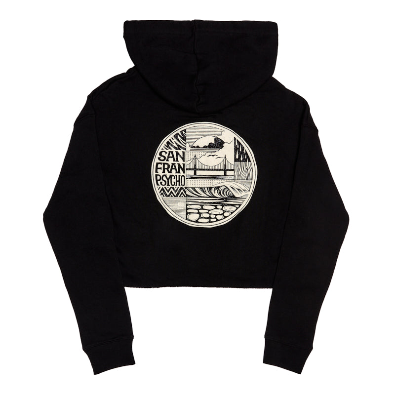 The Elemental Crop Hoodie is a black San Francisco hoodie with a round, hand-printed graphic on the back featuring waves, a sunset, and "San Fran Poscho" text.