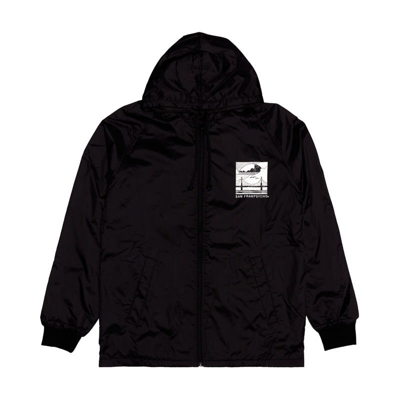 The Elemental Jacket is a black, hooded, wind-resistant jacket featuring a front zipper and a small white graphic patch on the left chest, inspired by San Francisco style.