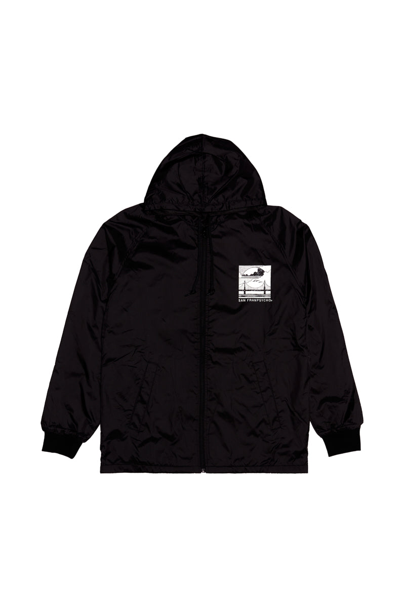 The Elemental Jacket is a black, hooded, wind-resistant jacket featuring a front zipper and a small white graphic patch on the left chest, inspired by San Francisco style.