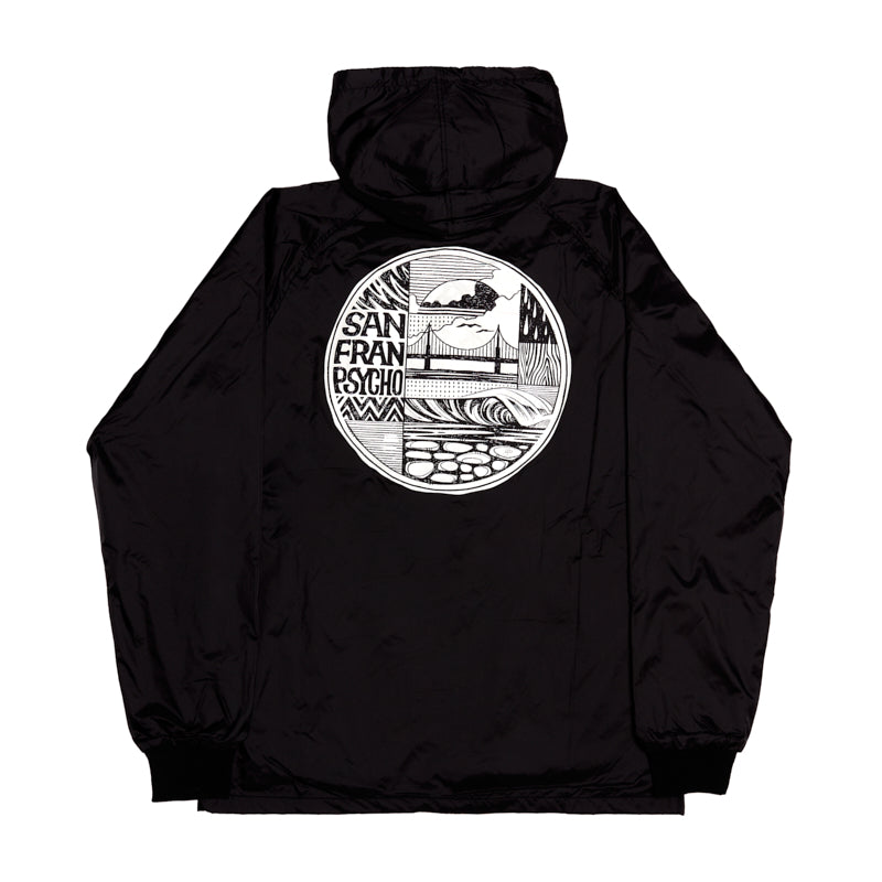 The Elemental Jacket is a black hooded jacket with a water-resistant shell and a round graphic on the back featuring San Franpsycho and a San Francisco cityscape design.