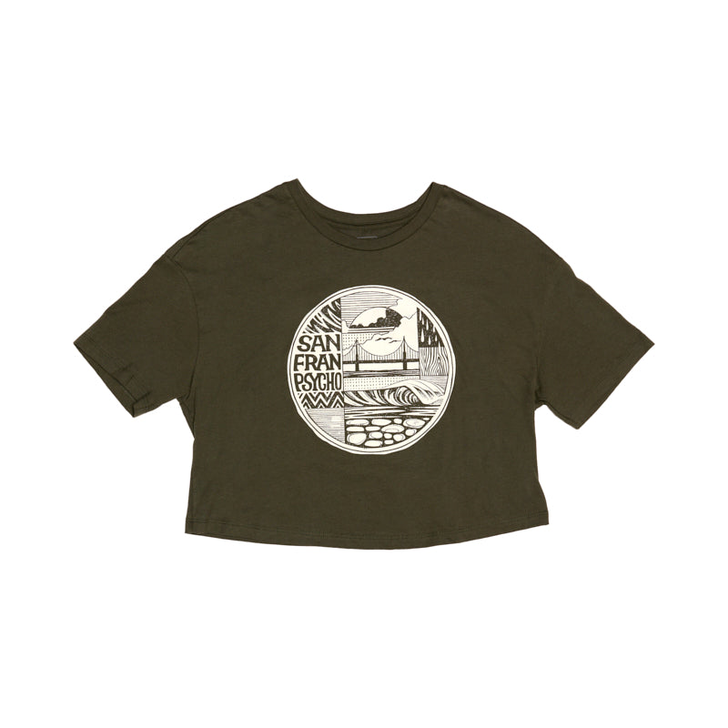 Women's Elemental Cropped Tee in olive green, featuring a round graphic with San Fran Psycho and a scenic San Francisco landscape.