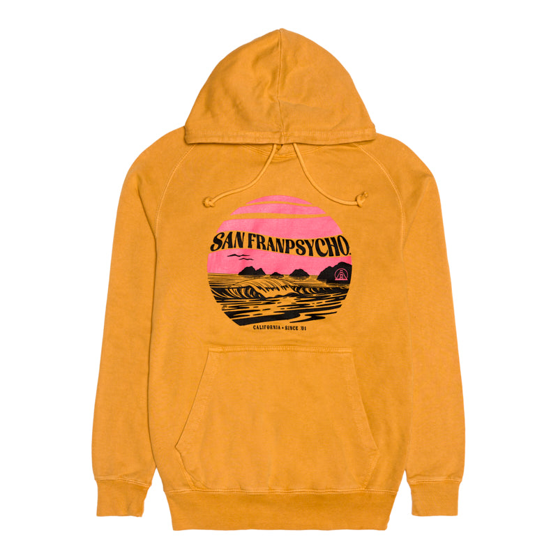 The Kelly's Cove Pullover Hoodie features a golden yellow color and a San Franpsycho sunset, mountains, and ocean graphic on the front, hand printed for genuine coastal city vibes.
