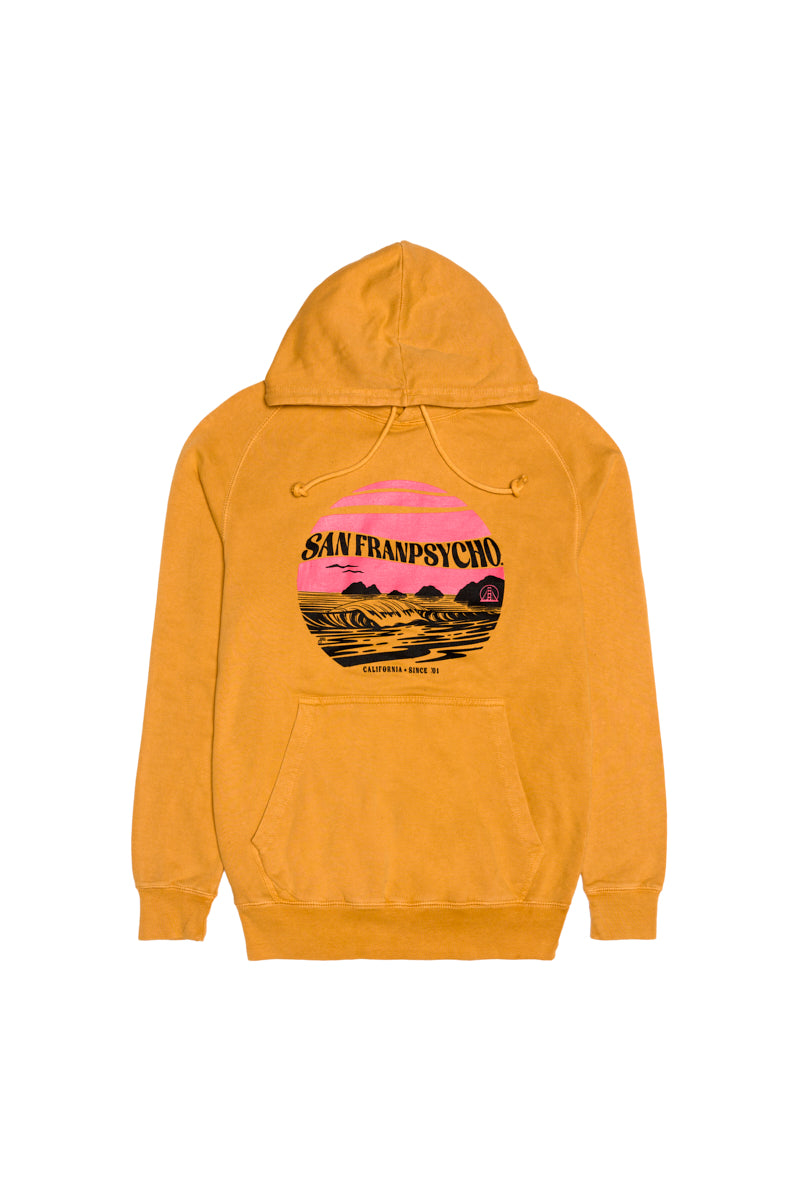 The Kelly's Cove Pullover Hoodie features a golden yellow color and a San Franpsycho sunset, mountains, and ocean graphic on the front, hand printed for genuine coastal city vibes.