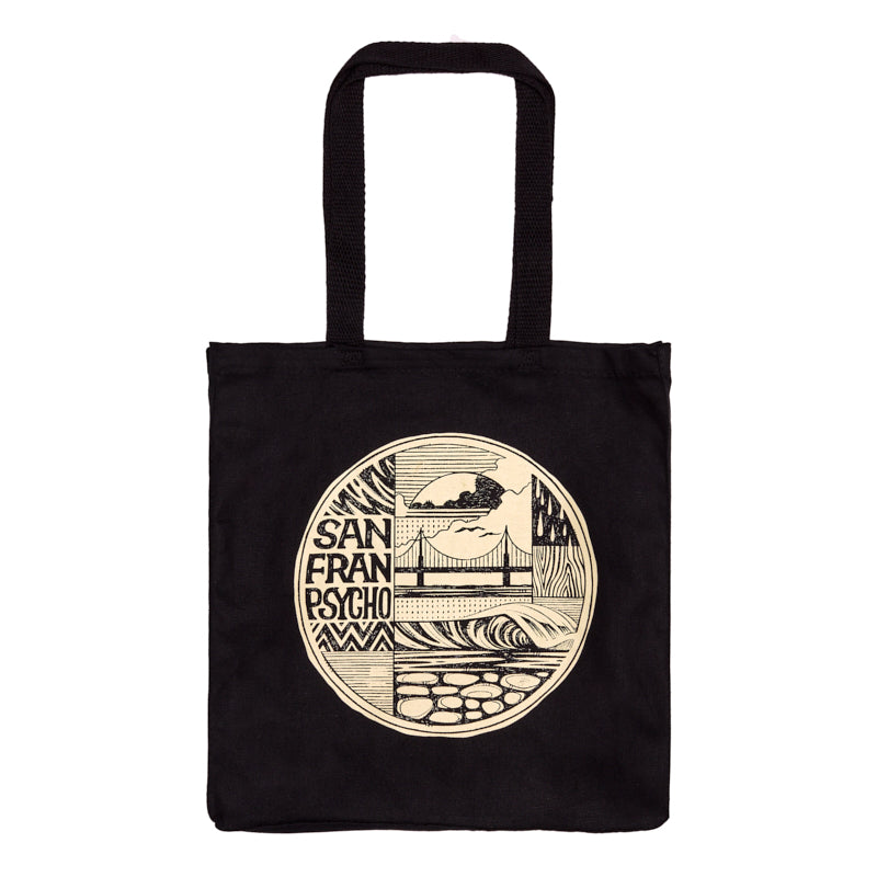 The Elemental Tote is a black canvas bag featuring a circular San Francisco graphic inspired by Erik Abel and bold "San Franpsycho" text.