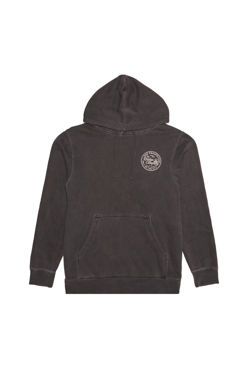 The Salt of the City Pullover Hoodie is a black unisex sweatshirt featuring a front pocket and small circular logo on the left chest—ideal for any San Francisco adventure.