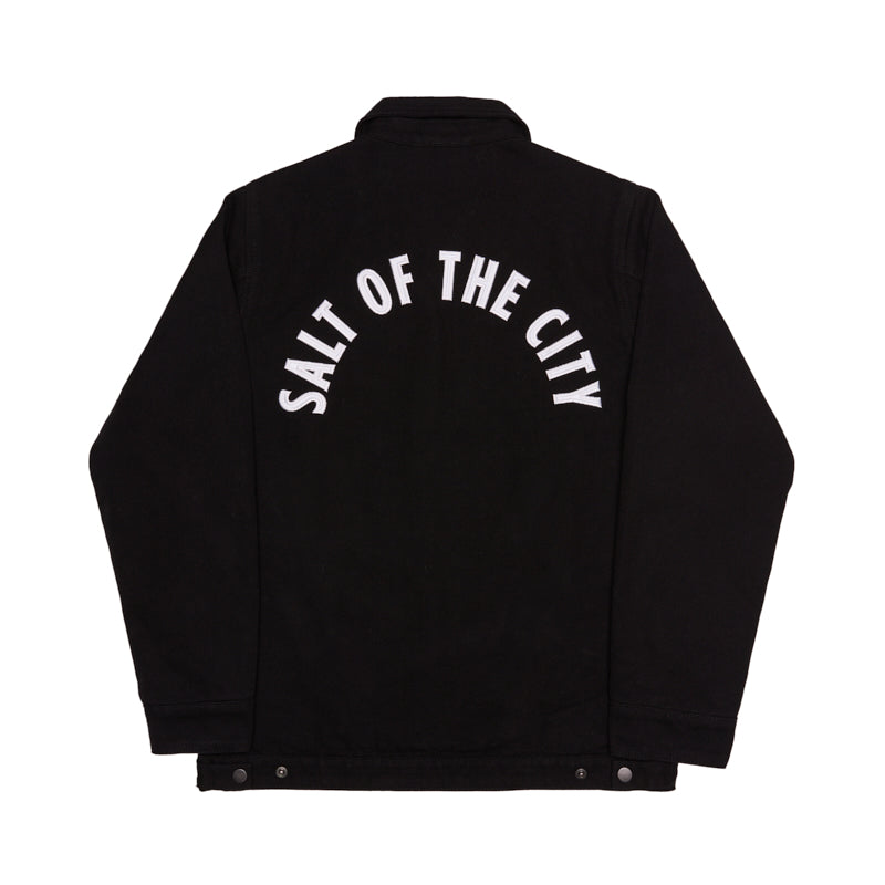 The Bridge Co. Chore Jacket features SALT OF THE CITY in white arched text on the upper back and offers classic workwear style, proudly made in San Francisco.