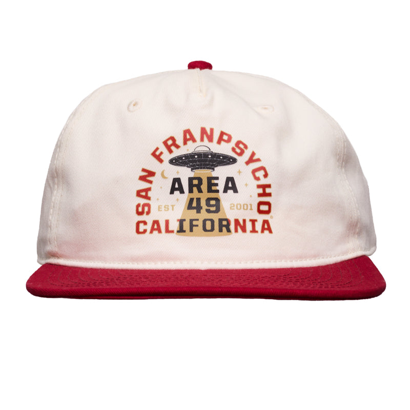 The Area 49 Hat features a white and red cap with San Franpsycho Area 49 California text, a UFO graphic on the front, an adjustable back, and the bold Area 49 Logo—adding a unique twist to any Niners hat collection.