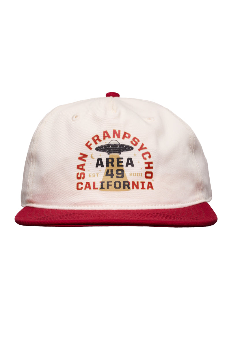 The Area 49 Hat features a white and red cap with San Franpsycho Area 49 California text, a UFO graphic on the front, an adjustable back, and the bold Area 49 Logo—adding a unique twist to any Niners hat collection.