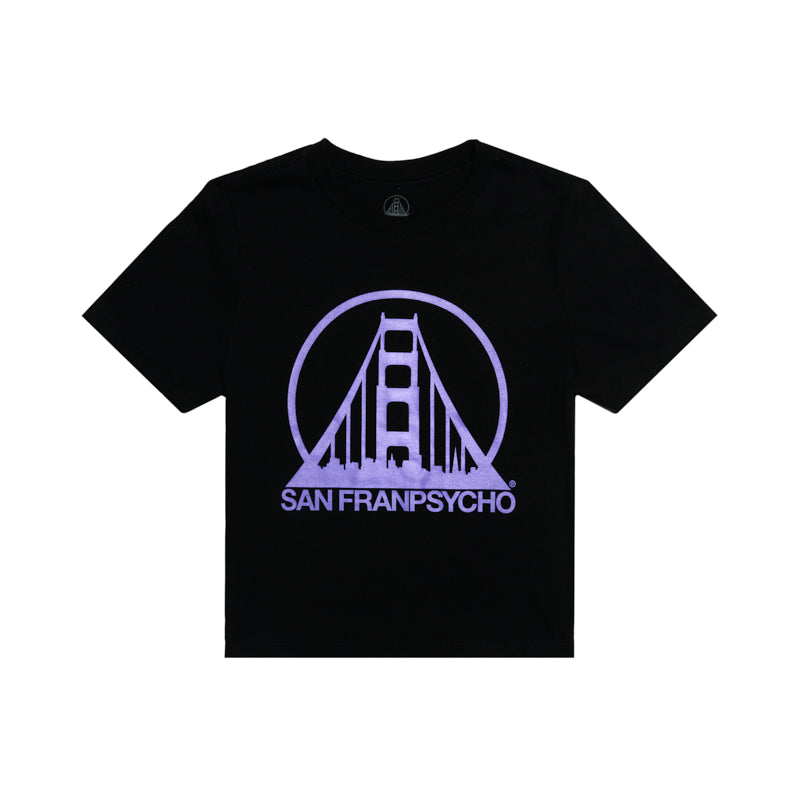 The Women's Black & Purple Logo Crop Tee features a purple Golden Gate Bridge graphic and SAN FRANPSYCHO text on a black cropped style for women.