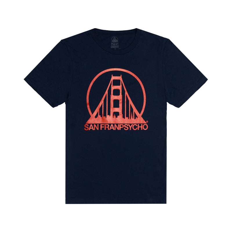 The Navy & Poppy Logo Tee features a hand-printed red Golden Gate Bridge graphic and San Franpsycho text on the front, offering comfort and classic San Francisco style.