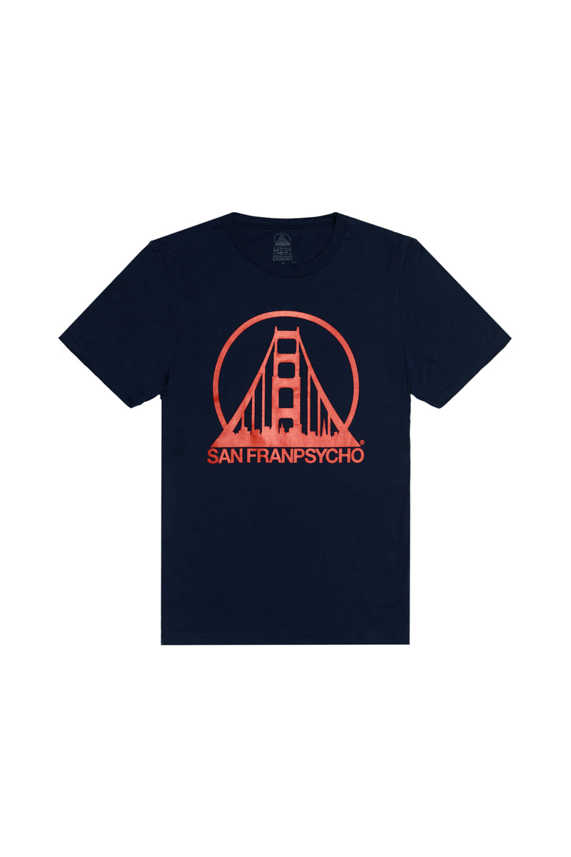 The Navy & Poppy Logo Tee features a hand-printed red Golden Gate Bridge graphic and San Franpsycho text on the front, offering comfort and classic San Francisco style.