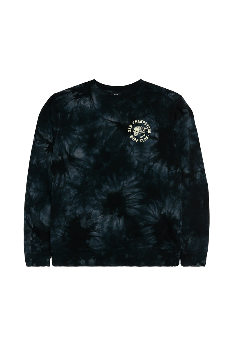The Surf Club Crewneck is a black and dark blue tie-dye sweatshirt featuring a small white “San Francisco Surf Club” logo on the chest.