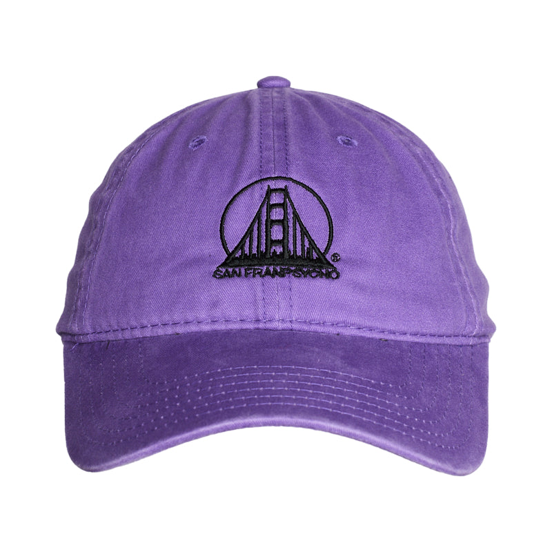 The Purple & Black Logo Dad Hat features a black embroidered Golden Gate Bridge and San Francisco text on purple denim, combining a comfortable fit with classic dad hat style.
