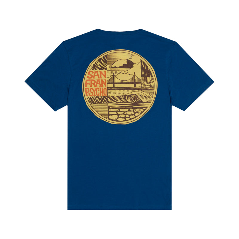 The Elemental Tee - Blue is a 100% cotton short sleeve shirt with a large circular San Fran Psycho graphic and coastal-inspired nod to San Francisco on the back, combining comfort with iconic local style.