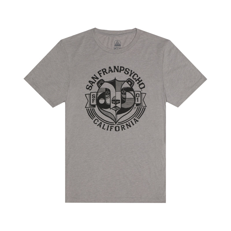 The Bear Essentials Tee - Heather Grey features a black San Franpsycho California bear graphic and stylized front design, crafted from ultra-soft fabric for all-day comfort.