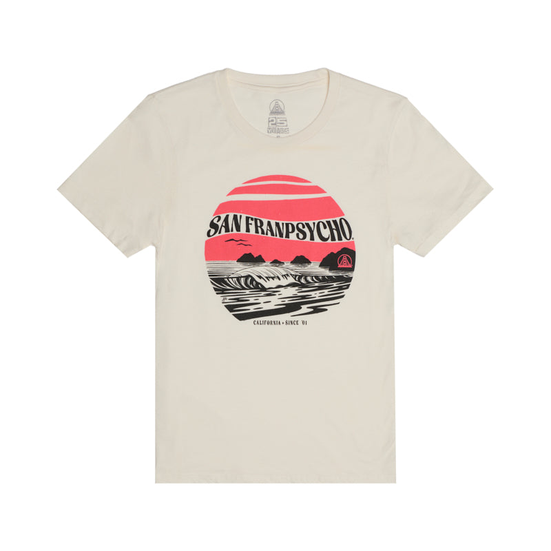 Vintage White Kelly's Cove Tee featuring a red sun, ocean waves, and San Franspycho on the front—perfect for adding coastal city flair to your San Francisco t-shirt collection.