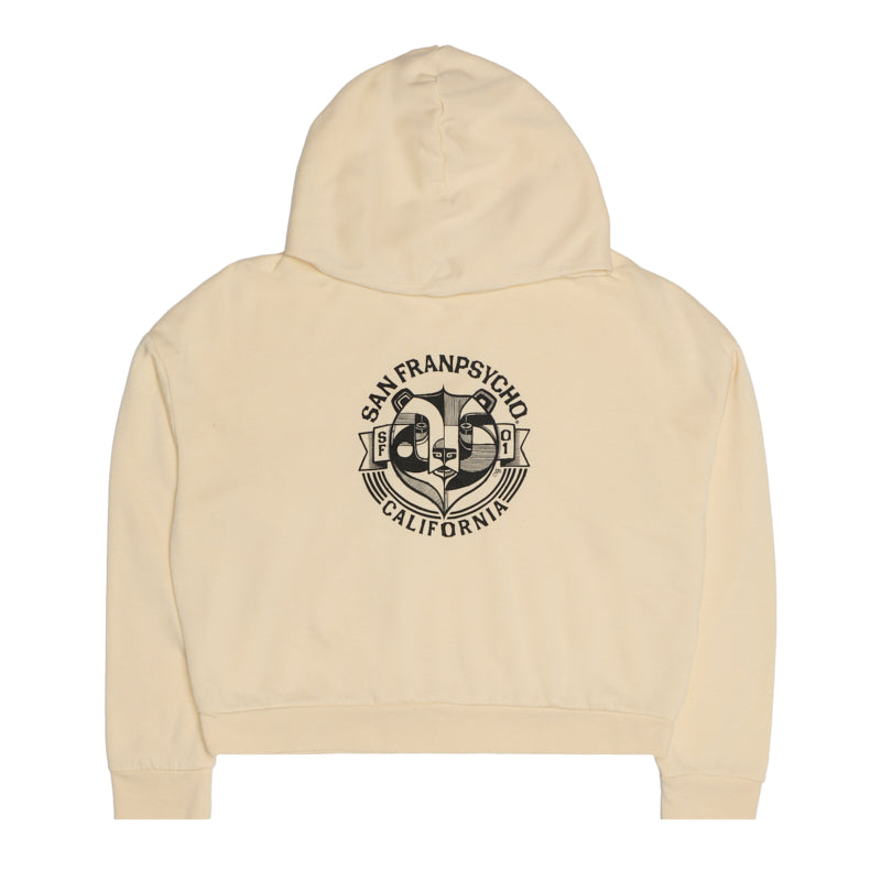 The Women's Bear Essentials Pullover is a beige hoodie featuring a black San Franpsycho California bear graphic on the back—an ultra-soft, laid-back West Coast sweatshirt perfect for comfort and style.