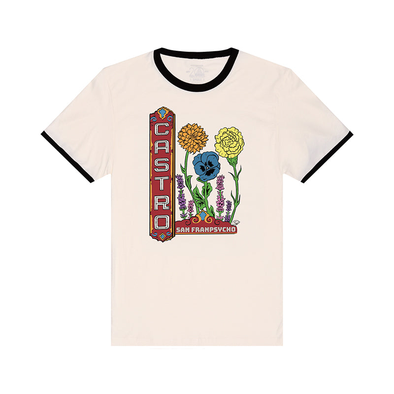 The Castro Pride Tee is a white ringer shirt featuring a CASTRO sign, queer flowers, and San Francisco text on the front—Pride-inspired by the iconic Castro Theatre.