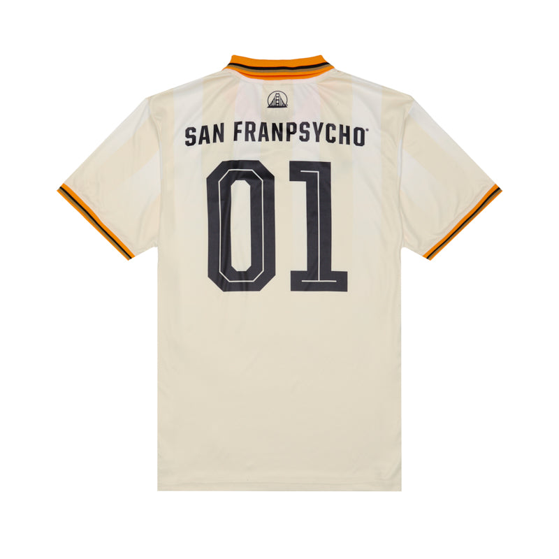 The WC x SFP Jersey - Away is a cream-colored fan-fit jersey with SAN FRANPSYCHO and the number 01 in black with orange trim on the back.