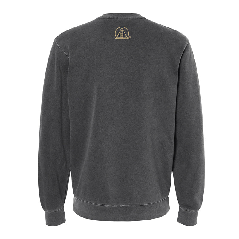 Dark grey Gold Rush Crewneck, shown from the back, featuring a small circular gold logo at the top center—a subtle nod to San Francisco 49ers style.
