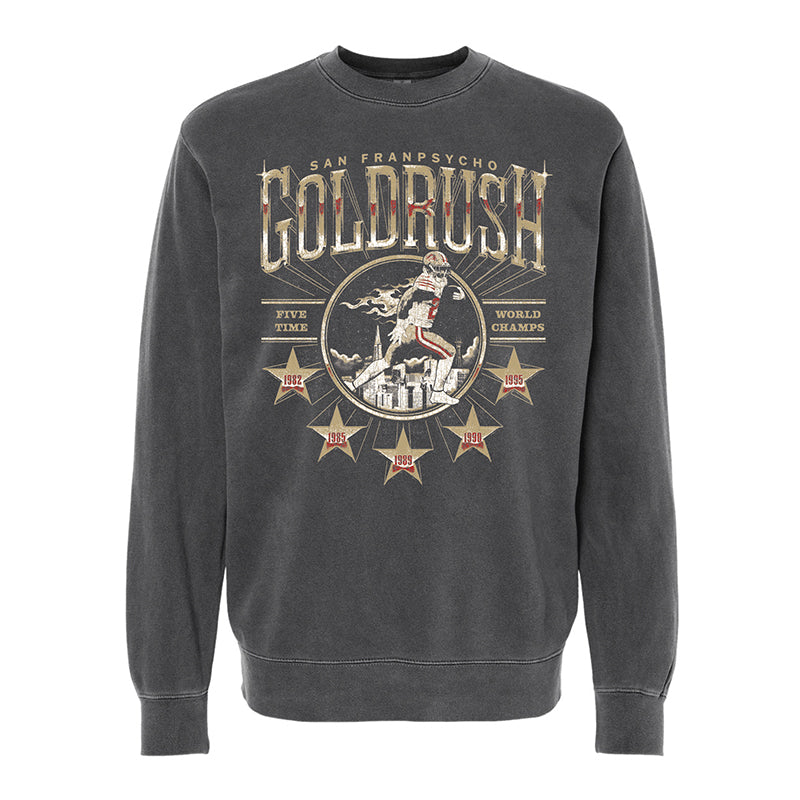 Gold Rush Crewneck by San Franpsycho—a black sweatshirt featuring a bold graphic of a football player and five stars on the front, celebrating San Francisco 49ers pride.