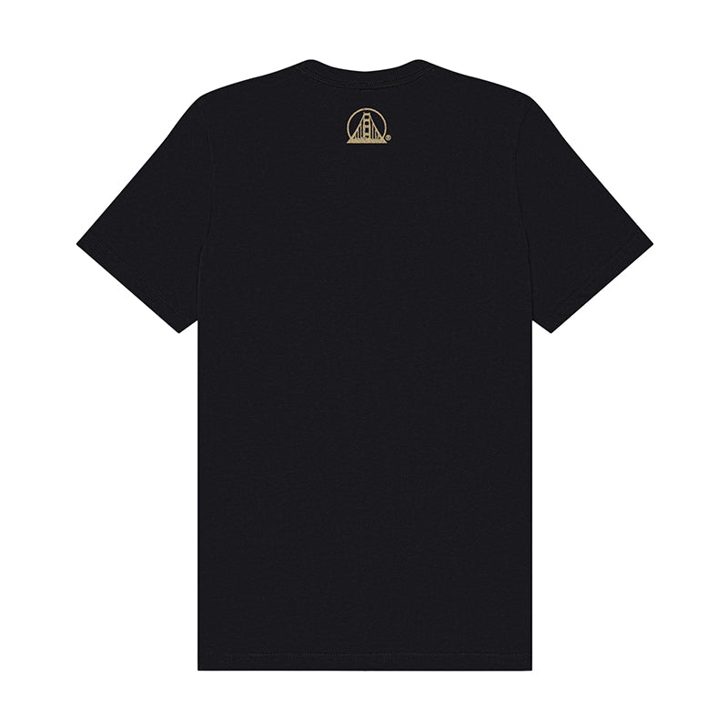 Gold Rush Tee - Vintage Black: This black t-shirt features a small gold Deathly Hallows symbol printed near the neck on the back, inspired by the classic style of a vintage 49ers tee.