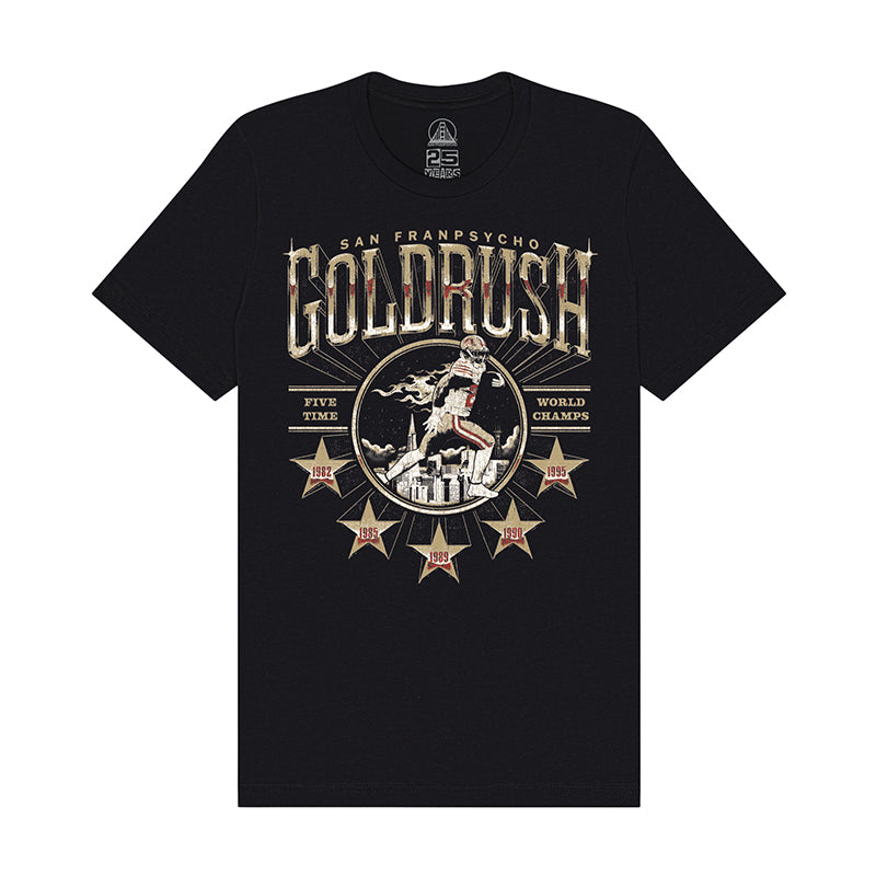 Gold Rush Tee - Vintage Black: A unisex black t-shirt featuring the iconic San Franpsycho Goldrush graphic and a miner illustration above five gold stars, inspired by the vibrant spirit of San Francisco’s Gold Rush.