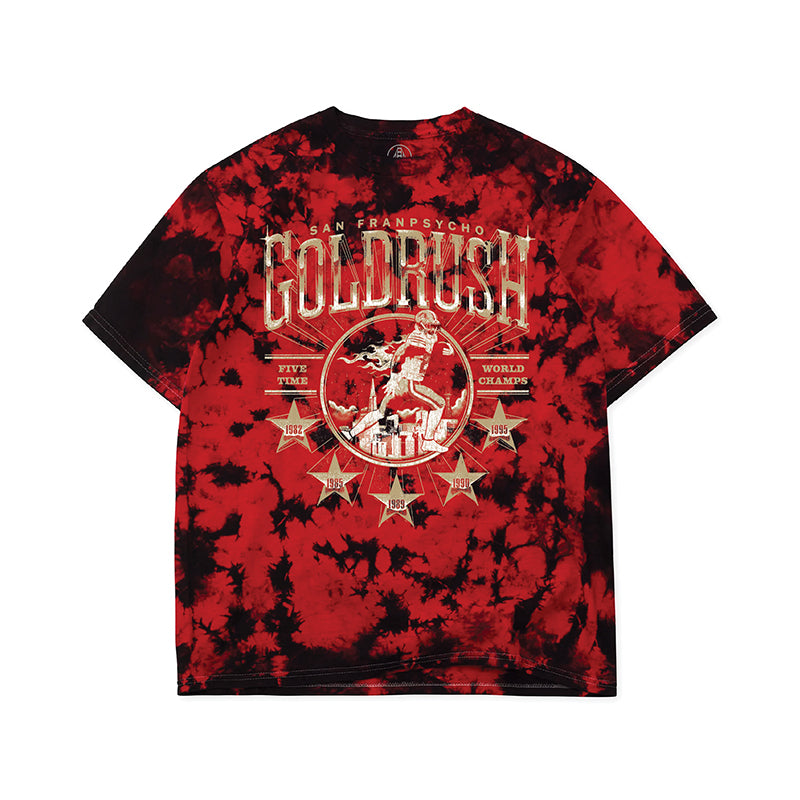 Show off your Gold Rush spirit with the Gold Rush Tee - Red Crystal Dye, a red and black tie-dye unisex tee featuring “GOLDRUSH” and a boxer graphic on the back—perfect for 49ers fans.