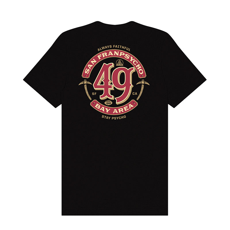 The Niners Faithful Tee is a black T-shirt featuring a bold red and gold “49” design on the front and “San Franpsycho Bay Area” text on the back, inspired by the spirit of San Francisco. This unisex fit shirt is perfect for fans looking to show their Bay pride in style.