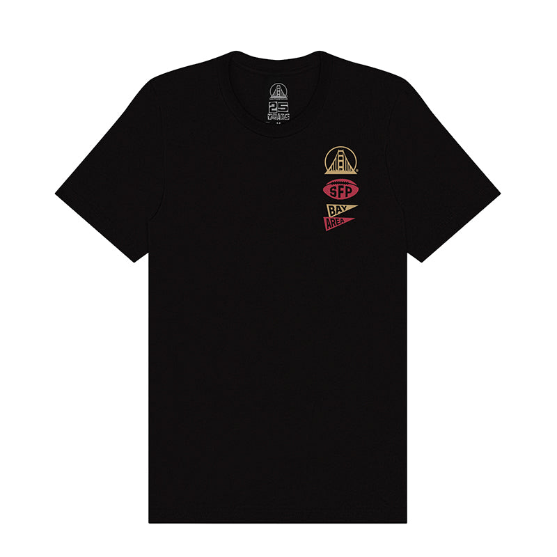 Niners Faithful Tee—black unisex shirt featuring a small red and yellow graphic with text on the left chest, shown on a white background. Perfect for displaying your San Francisco pride.