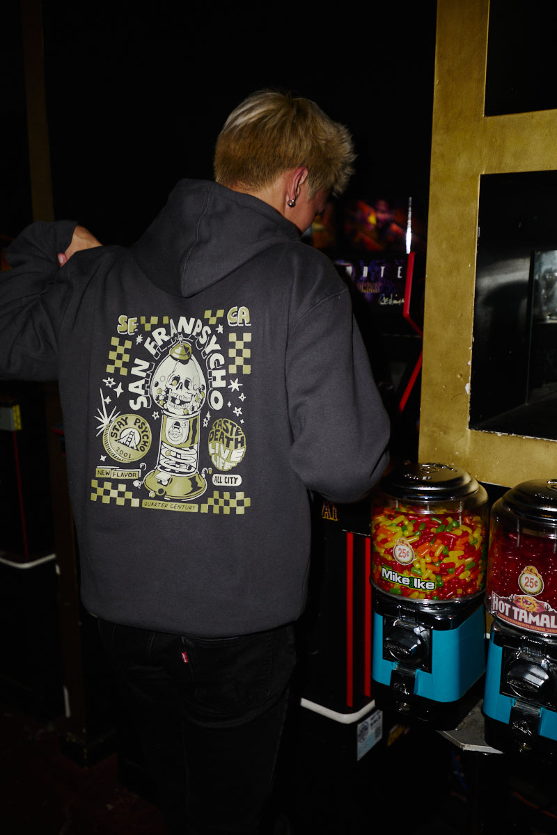 Quarter Cent Pullover Hoodie featuring a back graphic of a skull inside a gumball machine.