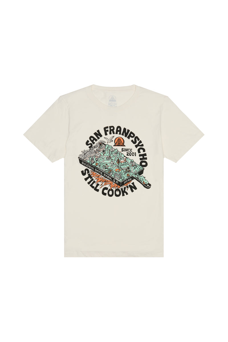 Off-white Still Cookin’ Tee featuring a Golden Gate Park frying pan graphic reading San Franpsycho Still Cookn.