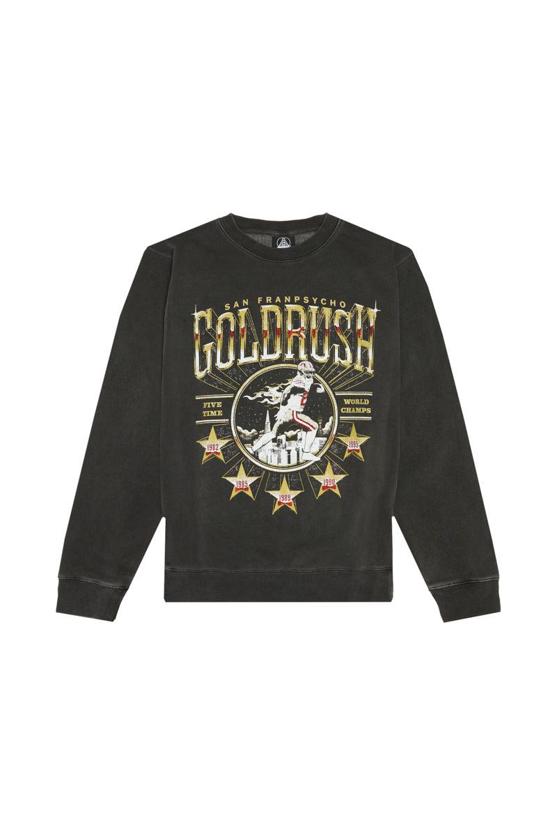Black Gold Rush crewneck sweatshirt with a football player graphic, the word GOLDRUSH, and five stars featuring years.
