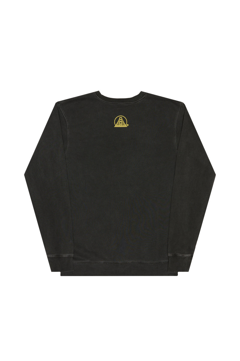 Gold Rush Crewneck: black crewneck sweatshirt with a small yellow San Francisco Golden Gate Bridge graphic on the back.