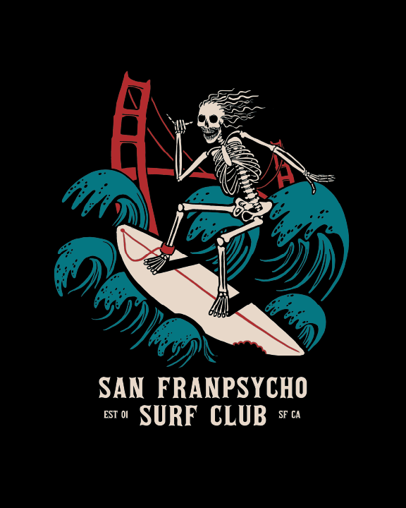 A surfing skeleton rides vibrant waves by the Golden Gate Bridge, embodying the essence of San Franpsycho Surf Club SF CA. This eye-catching Surf Club Poster features iconic San Francisco landmarks combined with distinctive surfing skeleton artwork. Text reads: San Franpsycho Surf Club SF CA.