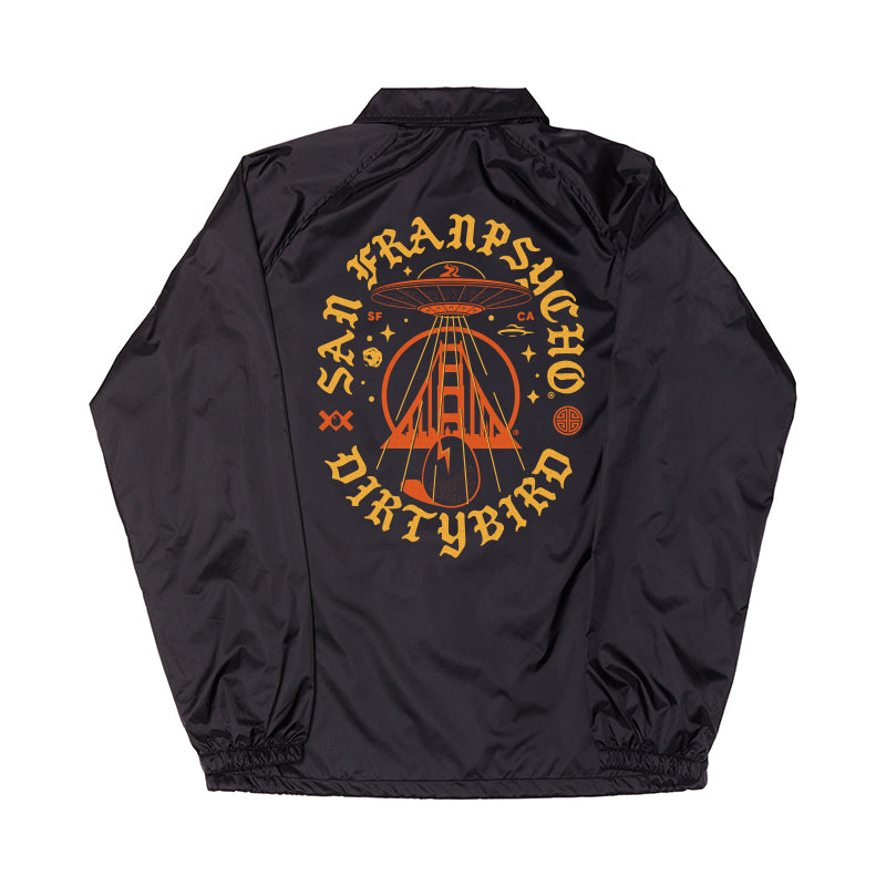 The Dirty UFO Coaches Jacket features orange "San Franpsycho x Dirtybird" graphic text and a rocket design—a bold pick from the SFP x Dirtybird collab, ideal for Bay Area streetwear fans.