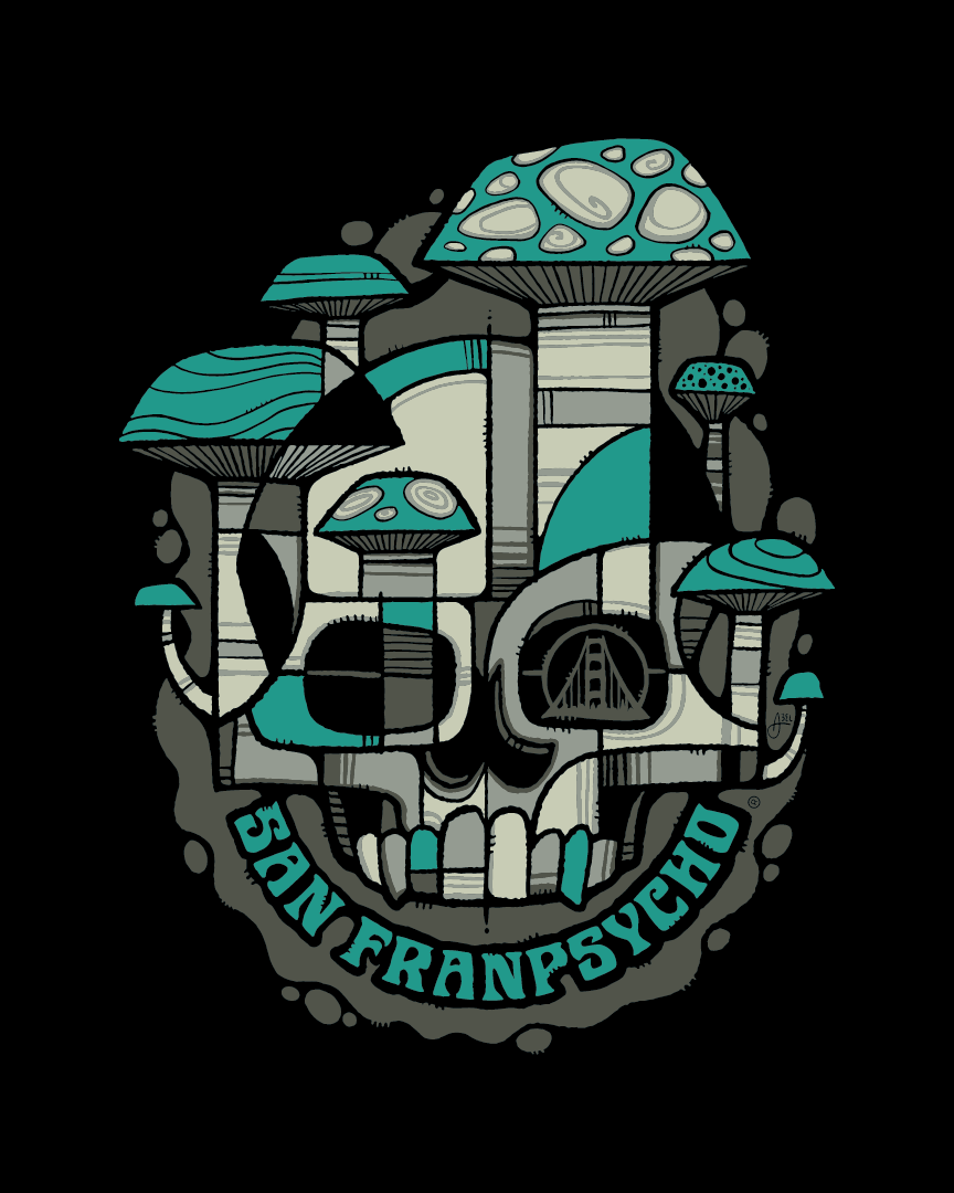 The Mind Bloom Poster features a stylized skull with mushrooms and San Franpsycho text in green and teal tones.