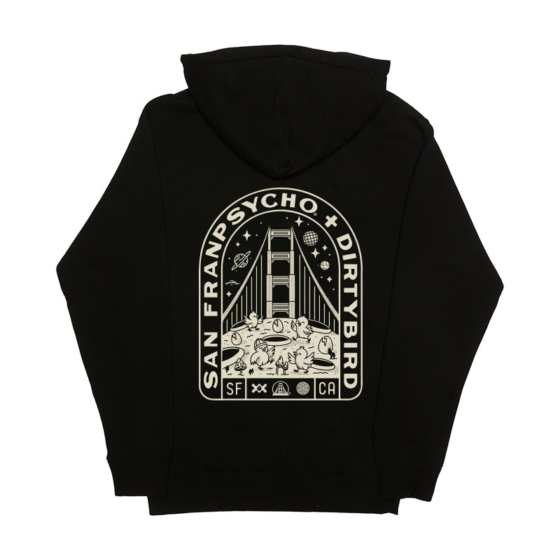 The Moon Bridge Pullover Hoodie showcases a white Golden Gate Bridge graphic with SAN FRANPSYCHO DIRTYBIRD text on the back—part of the SFP x Dirtybird collaboration.