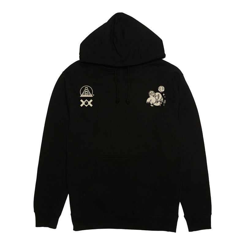 The Moon Bridge Pullover Hoodie is a black San Franpsycho hoodie featuring small white graphics on the chest with cartoon figures and abstract shapes.