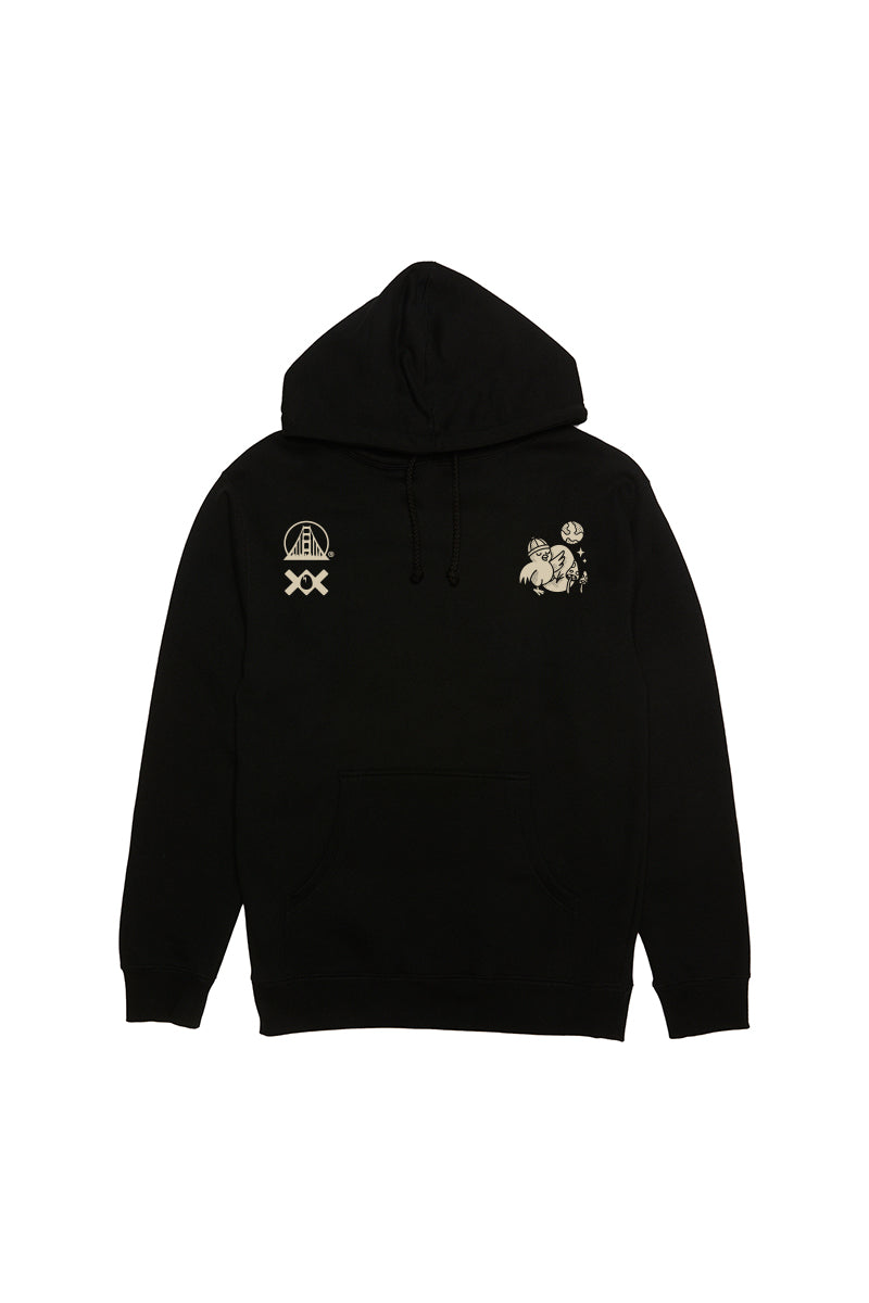 The Moon Bridge Pullover Hoodie is a black San Franpsycho hoodie featuring small white graphics on the chest with cartoon figures and abstract shapes.